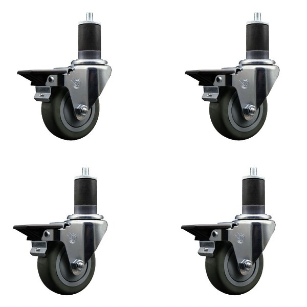 3.5'' Gray Poly Swivel 1-5/8'' Expanding Stem Caster Set with Brake, 4PK